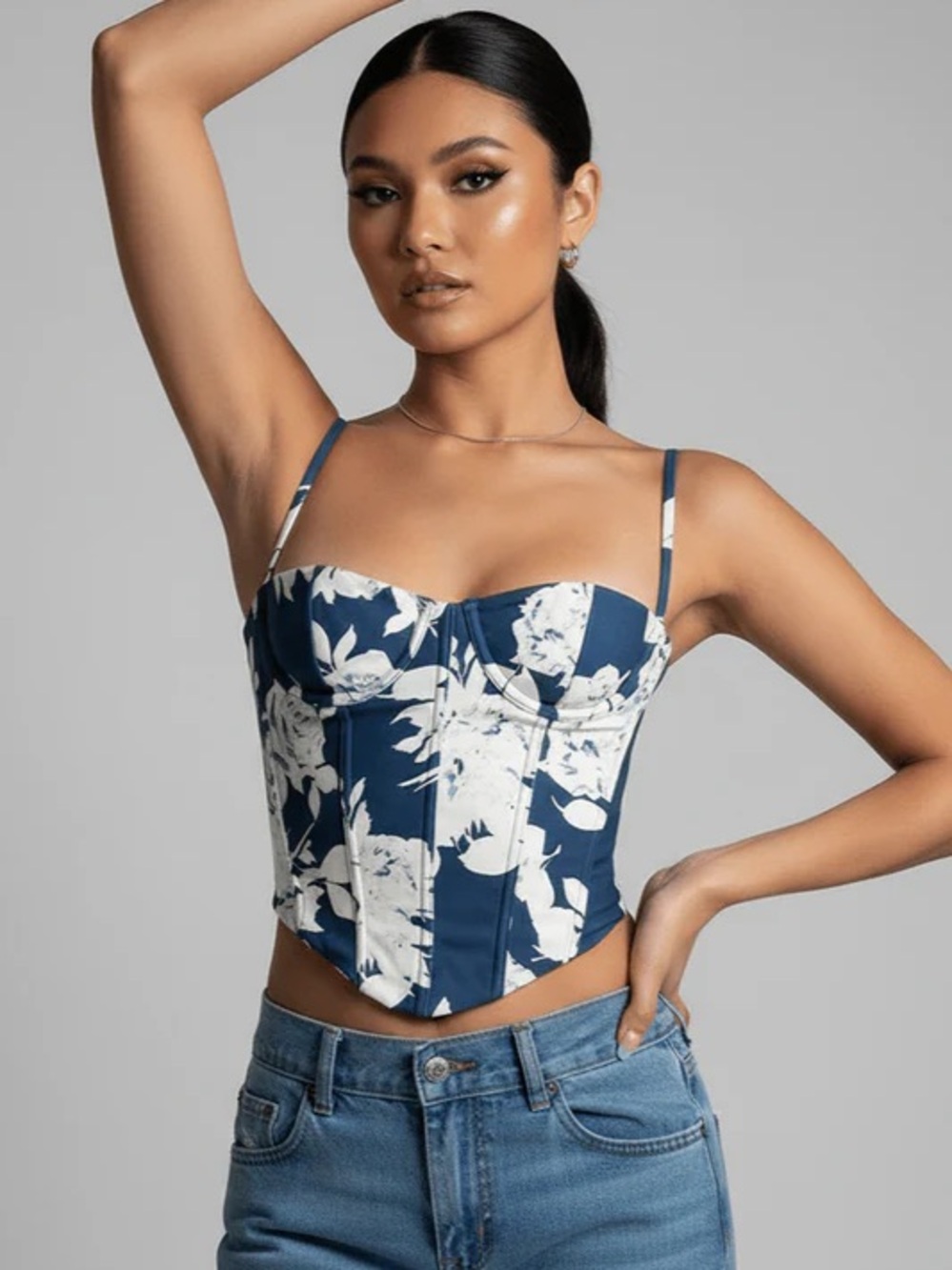 White Fox Boutique Navy and White Floral Corset Crop Top
